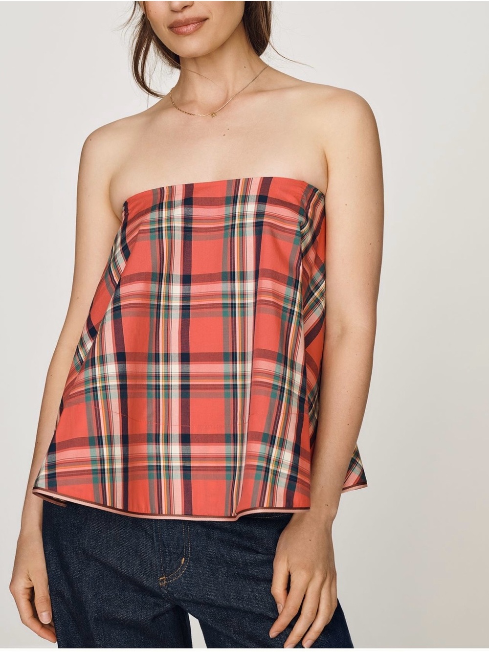 Anthropologie Maeve Coral Plaid Strapless Tube Top